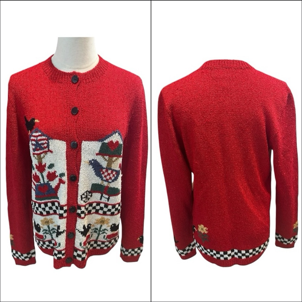 South Cotton Hand Loomed Bird Flower Scene Novelty Cardigan‎ S Farm Folk Art